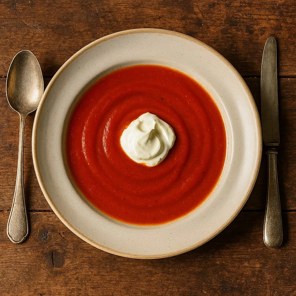 Aromatische Tomatensuppe mit Crème-Fraîche-Haube